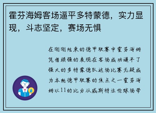 霍芬海姆客场逼平多特蒙德，实力显现，斗志坚定，赛场无惧