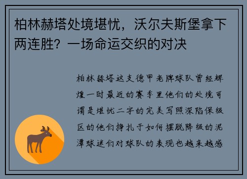 柏林赫塔处境堪忧，沃尔夫斯堡拿下两连胜？一场命运交织的对决