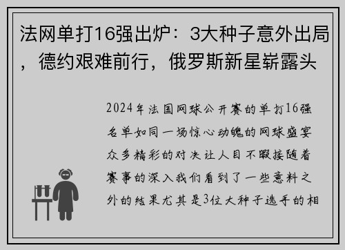 法网单打16强出炉：3大种子意外出局，德约艰难前行，俄罗斯新星崭露头角