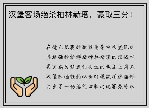 汉堡客场绝杀柏林赫塔，豪取三分！