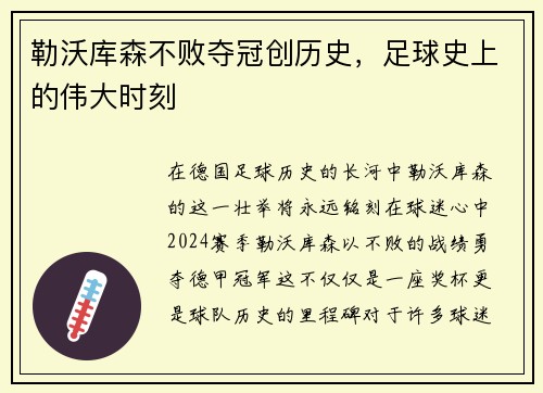 勒沃库森不败夺冠创历史，足球史上的伟大时刻